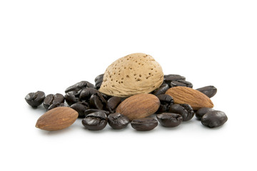 Almonds and coffee beans on white