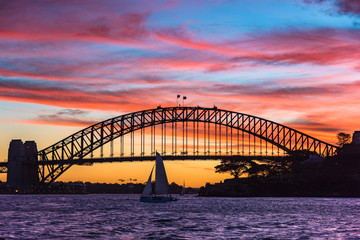 Sydney Harbour bridge with dramatic sunset sky