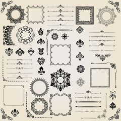 Vintage set of vector horizontal, square and round elements. Different elements for decoration design, frames, cards, menus, backgrounds and monograms. Classic patterns. Set of vintage patterns