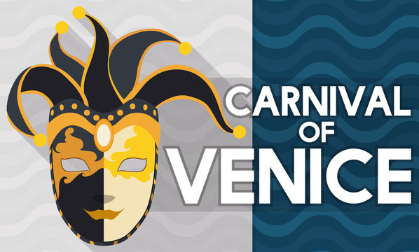 Flat Design with Volto Mask like Harlequin for Venice Carnival, Vector Illustration