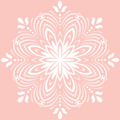 Floral vector round white pattern with arabesques. Abstract oriental ornament. Vintage classic pattern