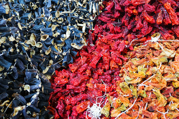 Dried aubergine and red pepper at the bazaar