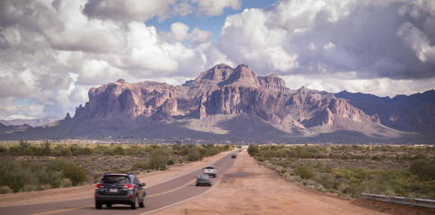 Arizona desert road leading to Superstition Mountain near Phoenix,Az,USA