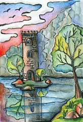 Tower on the island in the lake surrounded by trees. Fantasy pencil drawing.