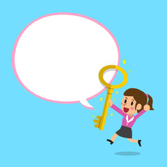 Cartoon businesswoman and big golden key with white speech bubble
