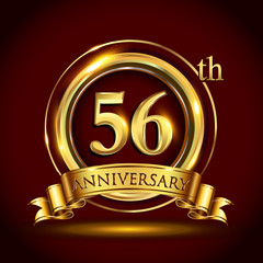 56th golden anniversary logo with gold ring and golden ribbon, vector design for invitation card and greeting card for birthday party celebration