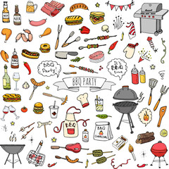 Seamless pattern with hand drawn doodle BBQ icons set. Vector illustration summer barbecue symbols collection Cartoon meals, drinks, ingredients and decoration elements on white background Sketch