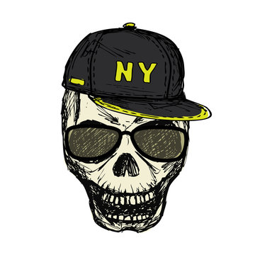 Scary skull in fashionable glasses and cap, hand drawn.