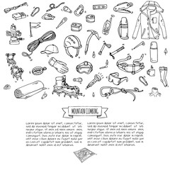 Hand drawn doodle Mountain Climbing icons set. Vector illustration. Mountaineering equipment collection. Cartoon sketch elements for trekking, hiking, tourism, expedition, camping, outdoor recreation.