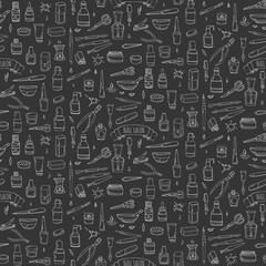Seamless pattern with hand drawn doodle Nail salon icons set. Vector illustration. Manicure accessories collection. Cartoon sketch pedicure tools elements: polish, bottle, brush, varnish, scissors