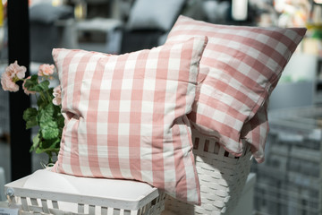 Bed with bed pillows decorative pillows quiltheadboard and nightstand