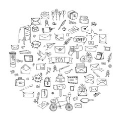 Hand drawn doodle Postal elements icon set. Vector illustration. Isolated post symbols collection. Cartoon various mail element: letter, envelope, stamp, post box, package, delivery truck, pigeon.