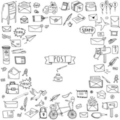 Hand drawn doodle Postal elements icon set. Vector illustration. Isolated post symbols collection. Cartoon various mail element: letter, envelope, stamp, post box, package, delivery truck, pigeon.