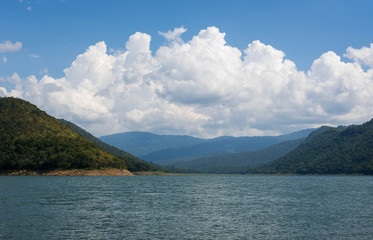 landscape mountains and water view in blue  sky, in kanchanaburi,thailand.