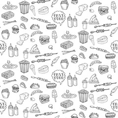Seamless pattern Hand drawn doodle Fast food icons set. Vector illustration. Junk food elements collection. Cartoon snack sketch symbol: soda, burger, hot dog, pizza, tacos, sushi, sandwich, popcorn
