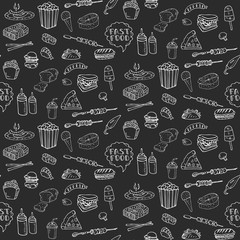 Seamless pattern Hand drawn doodle Fast food icons set. Vector illustration. Junk food elements collection. Cartoon snack sketch symbol: soda, burger, hot dog, pizza, tacos, sushi, sandwich, popcorn