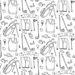 Seamless pattern Hand drawn doodle Golf icons set. Vector illustration. Game collection. Cartoon golfing sketch elements: clubs, tee, bag, cart, sport cloth, polo shirt, umbrella, flag, hole, grass.