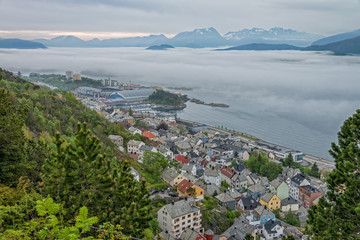 Alesund town with fog in the morning, Norway.