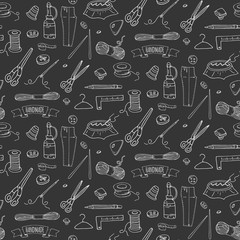 Seamless pattern Hand drawn doodle Handmade icons set. Vector illustration. Sewing collection. Cartoon hand made sketch element: embroidery, jewelry making, button, needle, scissors Spool Pin Knitting