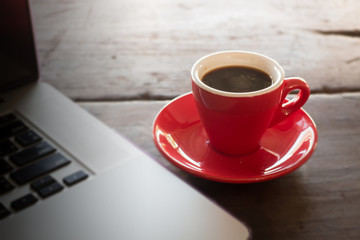 Hot espresso on working table