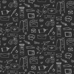 Seamless pattern Hand drawn doodle Postal elements icon set. Vector illustration. Isolated post symbols collection. Cartoon various mail element: letter, envelope, stamp, post box, package.