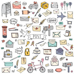 Hand drawn doodle Postal elements icon set. Vector illustration. Isolated post symbols collection. Cartoon various mail element: letter, envelope, stamp, post box, package, delivery truck, pigeon.