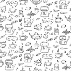 Seamless pattern Hand drawn doodle Tea time icon set. Vector illustration. Isolated drink symbols collection. Cartoon beverage element: mug, cup, teapot, leaf, bag, spice, mint, herbal, sugar, lemon.