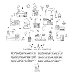 Hand drawn doodle Factory set Vector illustration Sketchy cartoon Industrial icons Factory building Manufacture architecture Eco concept Pipe with smoke Pollution Recycling Tree Plant Leaves