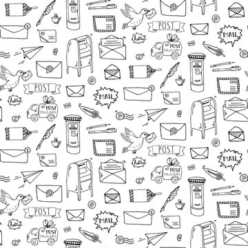 Seamless pattern Hand drawn doodle Postal elements icon set. Vector illustration. Isolated post symbols collection. Cartoon various mail element: letter, envelope, stamp, post box, package.