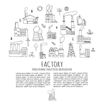 Hand drawn doodle Factory set Vector illustration Sketchy cartoon Industrial icons Factory building Manufacture architecture Eco concept Pipe with smoke Pollution Recycling Tree Plant Leaves