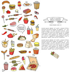 Hand drawn doodle Fast food icons set. Vector illustration. Junk food elements collection. Cartoon snack various sketch symbol: soda, burger, potato,hot dog, pizza, tacos, sweet desert, donut, popcorn