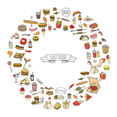 Hand drawn doodle Fast food icons set. Vector illustration. Junk food elements collection. Cartoon snack various sketch symbol: soda, burger, potato,hot dog, pizza, tacos, sweet desert, donut, popcorn