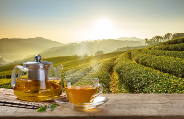Naklejki  Warm cup of tea and glass jugs or jars and tea leaf on wooden table with the tea plantations background