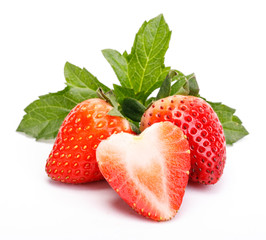 Red berry strawberry isolated on white background. Strawberries with leaves. Isolated on a white