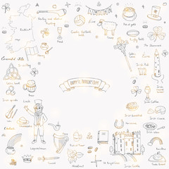 Hand drawn doodle Happy St. Patrick's Day set. Ireland icons. Vector illustration Sketchy Irish traditional food icons elements Flag Map Celtic Cross Knot Castle Leprechaun Shamrock Harp Pot of gold
