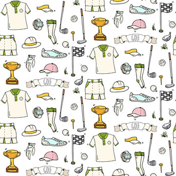 Seamless pattern Hand drawn doodle Golf icons set. Vector illustration Game collection.Cartoon golfing sketch elements: clubs, tee, bag, cart, sport cloth, shoes, polo shirt, umbrella, flag hole grass