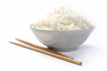 Japan rice with chopsticks isolated on a white background with shadow