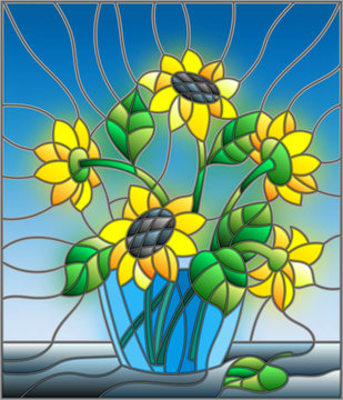 Illustration in stained glass style with bouquets of sunflowers in a blue vase on table on a blue background