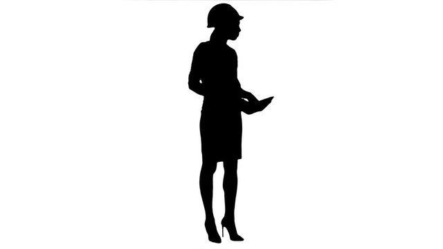 Silhouette Angry female construction supervisor holding documents and shouting at workers 