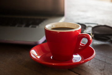 Hot espresso on working table