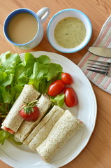 Fototapeta na wymiar bread roll and salad dipping sauce with coffee for breakfast