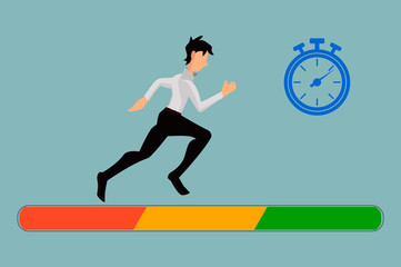 Fototapeta na wymiar Runner, employee runs against clock to reach goals. Loading speed of a page