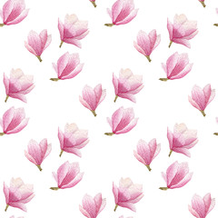 watercolor magnolia seamless pattern isolated on white background. spring blooming pattern design.