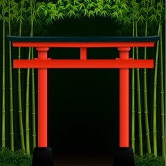 Fototapeta premium Dark bamboo forest background with red japanese gate