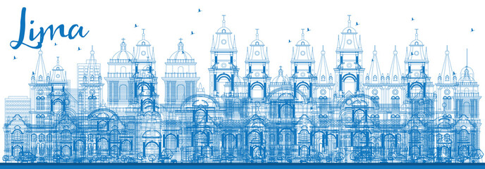 Outline Lima Skyline with Blue Buildings.