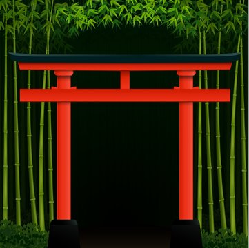 Dark bamboo forest background with red japanese gate