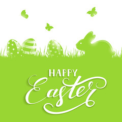 Green Easter background with eggs and rabbit