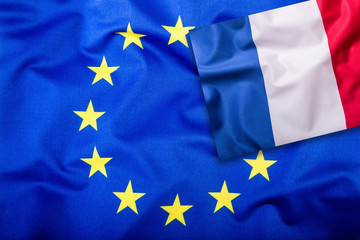 Flags of the france and the European Union. France Flag and EU Flag. Flag inside stars. World flag concept.