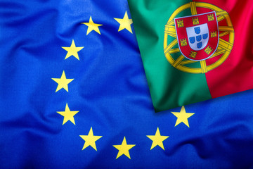 Flags of the Portugal and the European Union. Portugal Flag and EU Flag. Flag inside stars. World...