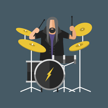 Cartoon musician play on sound modern drum and young male acoustic artist song entertainment on electric drumkit instrument with bright emotions vector illustration.